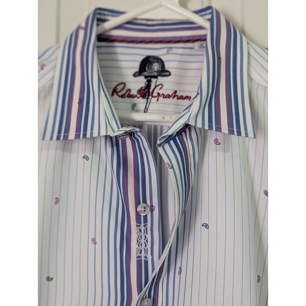 Robert Graham Button Up Shirt Mens Large White Blue Paisley Striped Flip Cuff - Picture 3 of 9